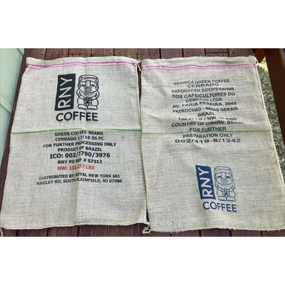 Pair Burlap Coffee Bags Brazil Print Natural Food Grade Jute Fabric Sacks 38X28